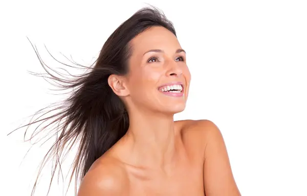 Kobieta Wiatr Piękno Pielęgnacją Włosów Uśmiech Kosmetyki Salonu Studio Dermatologia — Zdjęcie stockowe