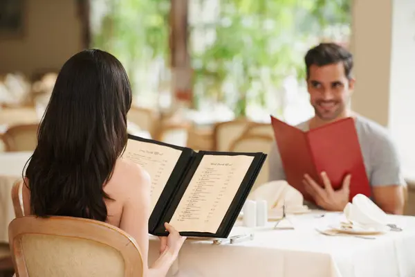 Couple Restaurant Menu Food Choice Fine Dining Bonding Valentines Day — Stock Photo, Image