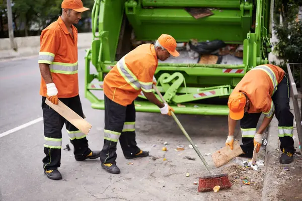 Garbage Truck Broom People Collection Service Street City Public Environment — Stock Photo, Image