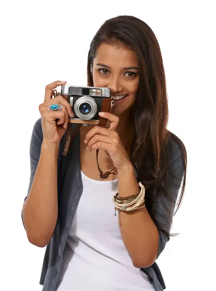 Portrait Camera Happy Woman Studio Creative Photoshoot Memory Capture White — Stock Photo, Image