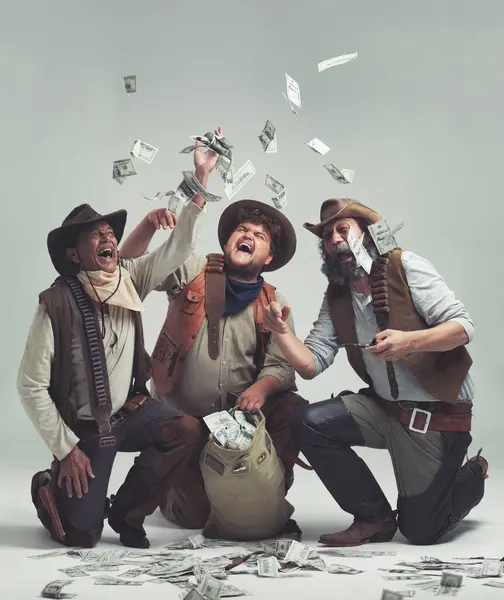 Money Thief Western Celebration People Studio Gray Background Robbery Heist — Stock Photo, Image