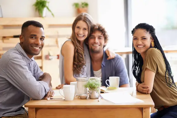 Portrait, diversity and group of friends in restaurant together for bonding, social gathering and smile at lunch. Coffee shop, brunch and happy people relax in cafe for casual chat, drinks or meeting.