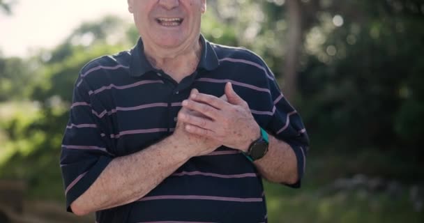 Manos Dolor Pecho Ataque Corazón Con Anciano Aire Libre Dificultad — Vídeo de stock