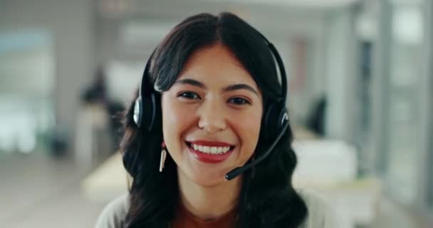 Жінка Посмішка Портрет Гарнітурою Спілкування Підтримки Або Обслуговування Клієнтів Жінка — стокове відео