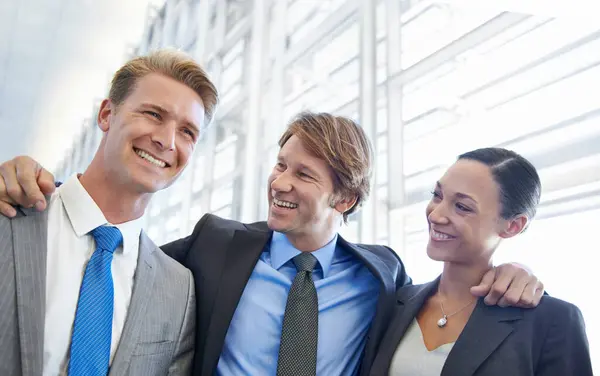 Business People Together Confident Cooperation Embrace Pride Partnership Happy Coworkers — Stock Photo, Image