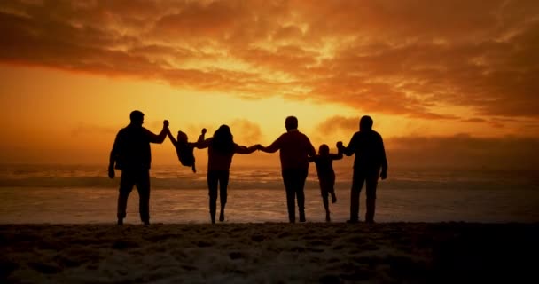 在日落时牵着手和轮廓在海滩上 荡秋千或为爱情玩耍 通过海路联系和度假 有子女的人 父母和祖父母通过海洋联系 照料和联系 — 图库视频影像