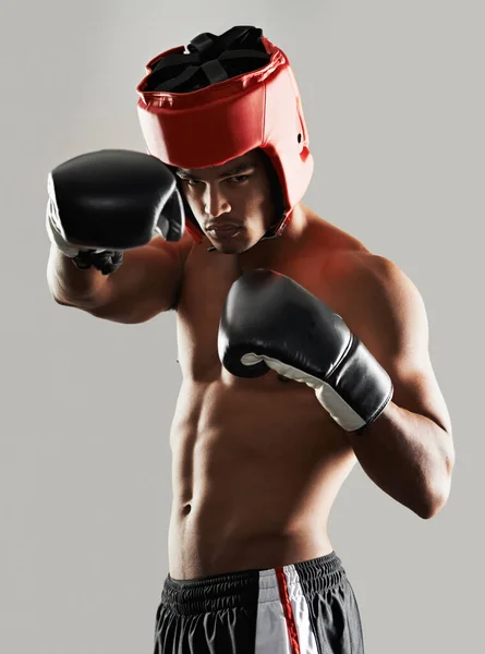 Man, portrait and in studio with boxing gear for safety while fighting, tough and serious for competition. Male person, protection wear and ready for self defense match, mma and physical sports.