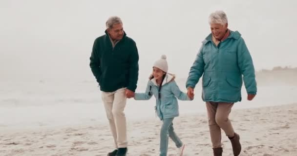 Natura Plaża Dziecko Trzymające Się Ręce Dziadkami Świeżym Powietrzu Podczas — Wideo stockowe