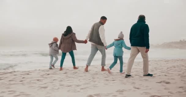 Szülők Nagyszülők Gyerekek Strandon Háttal Kézen Fogva Vagy Kaland Kapcsolat — Stock videók