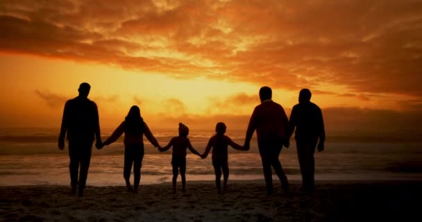 Duża Rodzina Zachód Słońca Spacer Plaży Tyłu Sylwetka Trzymanie Się — Wideo stockowe