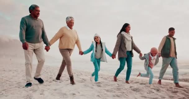 Szülők Nagyszülők Gyerekek Strandon Kéz Kézben Beszélgetés Vagy Kaland Kapcsolat — Stock videók
