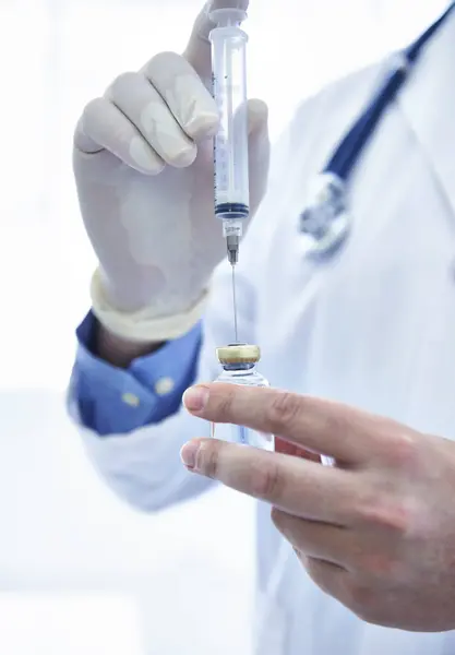 Doctor Hand Syringe Bottle Vaccine Medication Needle Healthcare Treatment Prescription — Stock Photo, Image