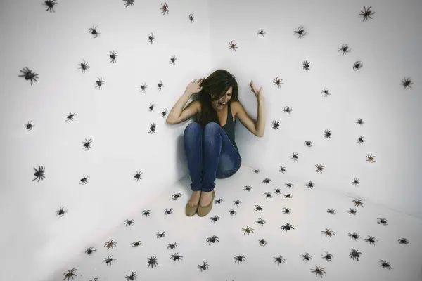 Woman Spiders Scream Fear Studio Arachnophobia Problem Scared Shouting Female — Stock Photo, Image