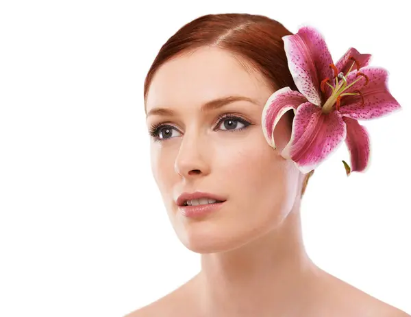 Skincare Flor Mulher Estúdio Com Natural Orgânica Beleza Rosto Rotina — Fotografia de Stock