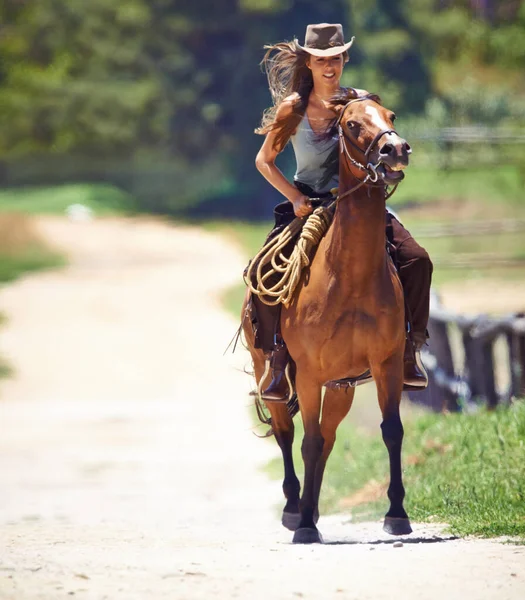 Happy woman, countryside and cowgirl with horse for ride, journey or outdoor adventure in nature. Female person or western rider with hat, saddle and animal stallion or riding pet at ranch or farm.