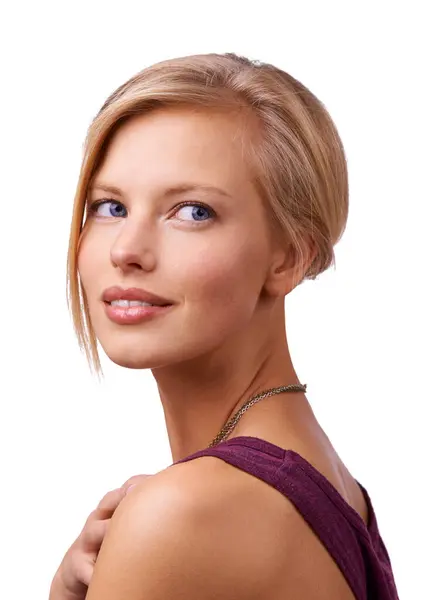 Zelfverzekerd Cosmetica Schoonheid Huidverzorging Voor Vrouw Witte Achtergrond Glimlach Geluk — Stockfoto