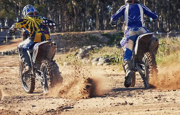Spor Yarışçı Motosiklet Toprak Yolda Yarışacak Performans Mücadele Macera Ile — Stok fotoğraf