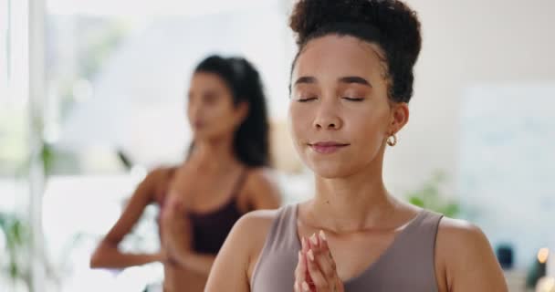 ヨガスタジオでは リビングルームでの健康 ウェルネス ケアのための瞑想 アフリカの女性の穏やかでリラックスして平和な名前味の禅のための家で精神的な練習 — ストック動画