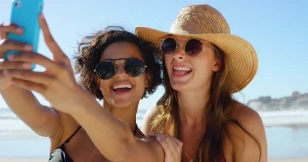 Женщины Селфи Веселое Лицо Пляже Летом Бикини Путешествия Отдыха Социальных — стоковое видео