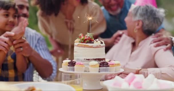 Verjaardagstaart Sterretje Feestje Met Familie Voor Feest Applaus Verrassing Tuin — Stockvideo