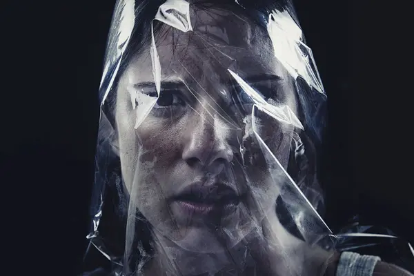 Plastic Woman Bag Face Scary Drama Studio Dark Background Afraid — Stock Photo, Image