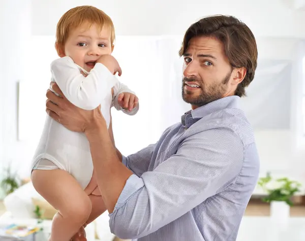 Baby Boy Father Portrait Disgusted Face Foul Smell Dirty Diaper — Stock Photo, Image