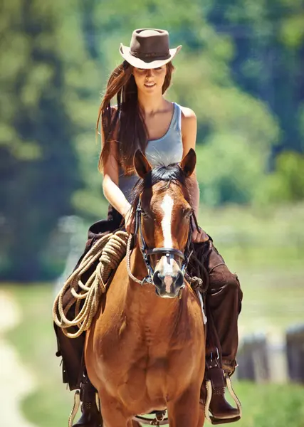 Woman, cowgirl and horse riding in the countryside for journey, travel or outdoor adventure in nature. Female person or western rider with hat, saddle and animal stallion at ranch, farm or stable.