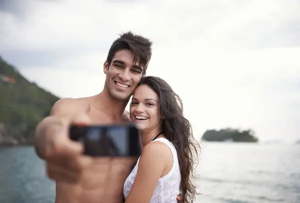 Couple Selfie Smile Nature Travel Love Honeymoon Vacation Trip Happy — Stock Photo, Image