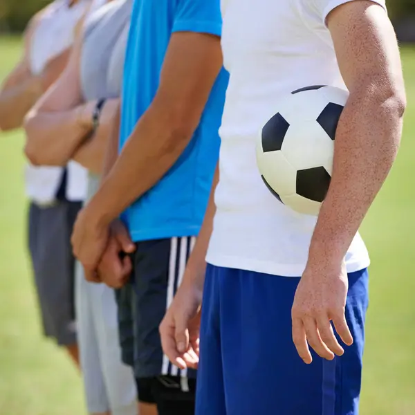 Field Team Hand Holding Soccer Ball Game Training Competition Fitness — Stock Photo, Image