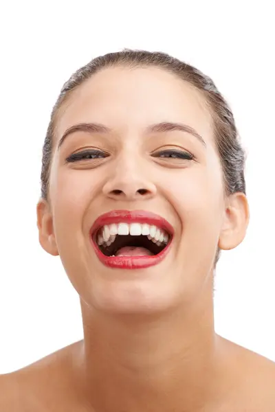 Wanita Yang Bahagia Potret Dan Tertawa Dengan Lipstik Merah Untuk — Stok Foto