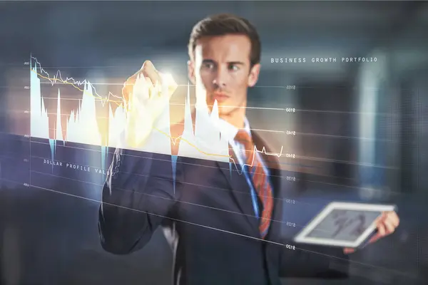 Businessman Data Writing Digital Interface Statistics Analysis Stock Market Tablet — Stock Photo, Image