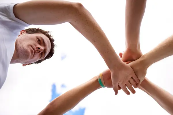Team Huddle Hands Support Sports Circle Unity Collaboration Cloudy Sky — Stock Photo, Image