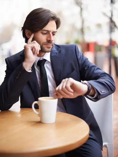 Late Cafe Businessman Thinking Time Workplace Appointment Meeting Office Male — Stock Photo, Image