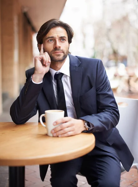 Outdoor Cafe Businessman Thinking Coffee Idea Brainstorming Planning Work Male — Stock Photo, Image