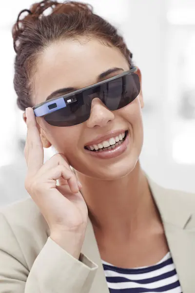 Augmented reality, portrait and woman with smart glasses for technology, confidence or protection from sun. Metaverse, face and female person in futuristic eyewear for fashion, web and innovation