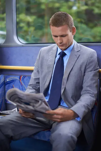 Newspaper Public Transport Business Man Bus Morning Commute Work Start — Stock Photo, Image