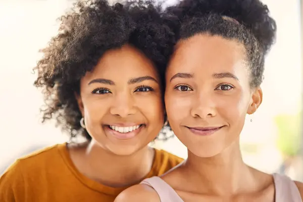 stock image Support, portrait of female friends and happy together for positive connection or trust. Care or love, bonding time or happiness and face of cheerful women smiling for sisterhood or friendship.