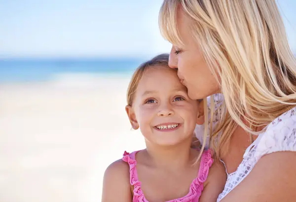 Smile Mother Kiss Kid Beach Holiday Summer Love Vacation Sea Stock Photo