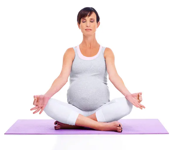 Woman Pregnant Mother Yoga Mat Meditation Exercise Fitness Pregnancy White — Stock Photo, Image