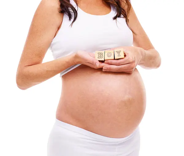Woman Pregnancy Wood Blocks Studio Gender Reveal Announcement News Future — Stock Photo, Image