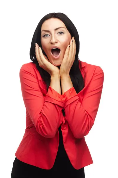 Retrato Mujer Con Sorpresa Shock Estudio Reacción Expresión Facial Para — Foto de Stock