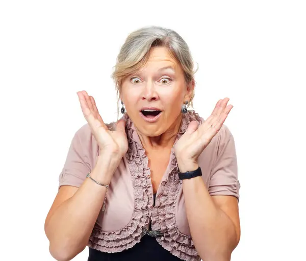 Mature Woman Shock Studio Hands Thinking Surprise Announcement White Background — Stock Photo, Image