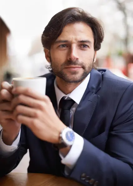 Thinking Male Person Cafe Latte Business Thought Relax Outdoor Break — Stock Photo, Image