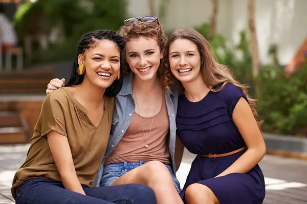 stock image Portrait, diversity and woman friends on holiday, travel and outside bonding. Smile, happiness and global vacation in tropical Brazil, international getaway and summer for group of female companion.