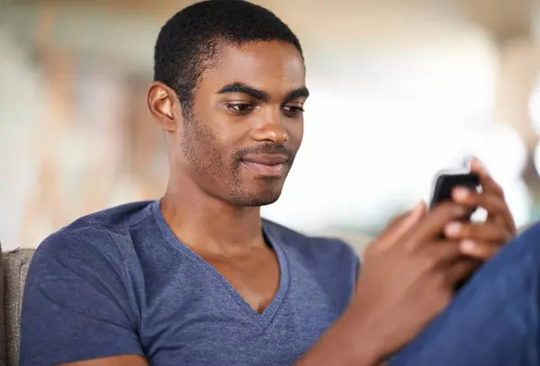 Home Relax Black Man Smartphone Typing Connection Social Media Internet — Stock Photo, Image