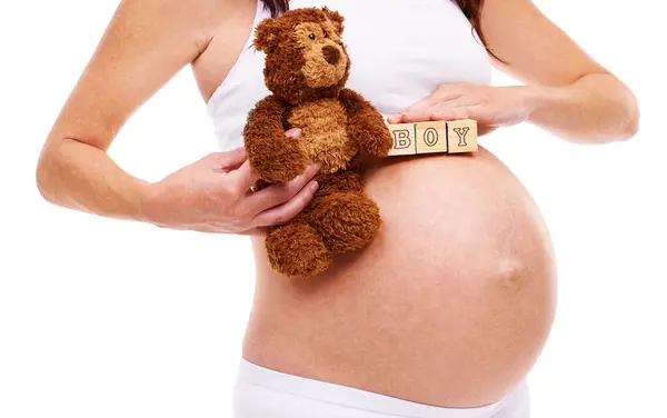Woman Pregnant Teddy Bear Blocks Studio Announcement Gender Reveal Future — Stock Photo, Image