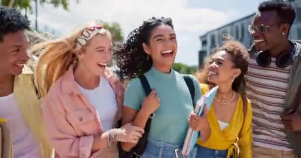 大学の学生グループは 笑って 教育のための多様性 ケアまたはキャンパスでクラスに歩いて抱きしめます 大学で学び 勉強し 興奮するためのタイムラプスで笑顔のZの友人 — ストック動画