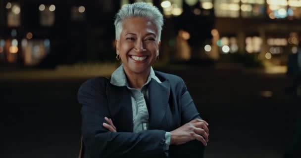 Forretning Kvinde Glad Natten Våben Krydsede Rejser Pendler Juridiske Karriere – Stock-video
