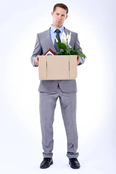 Businessman Suit Box Resignation Fired Transfer Company Liquidation White Backdrop — Stock Photo, Image