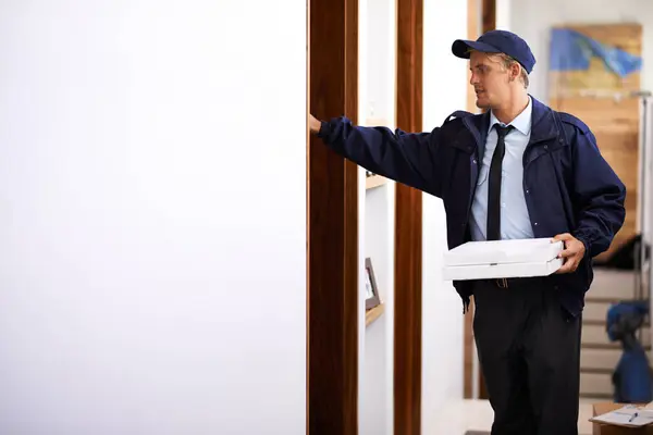 Pizza Delivery Man Front Door Home Customer Giving Box Easy — Stock Photo, Image